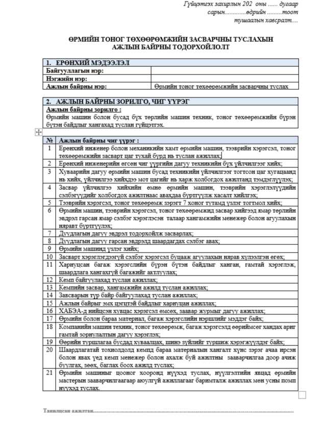 ӨРМИЙН ТОНОГ ТӨХӨӨРӨМЖИЙН ЗАСВАРЧНЫ ТУСЛАХЫН  АЖЛЫН БАЙРНЫ ТОДОРХОЙЛОЛТ хуулбар